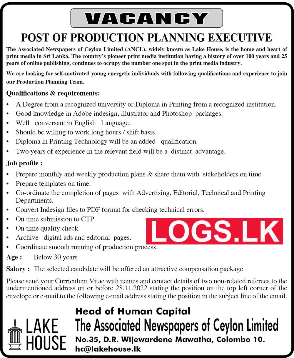 Production Planning Executive Job Vacancy 2023 in Lakehouse Jobs Vacancies