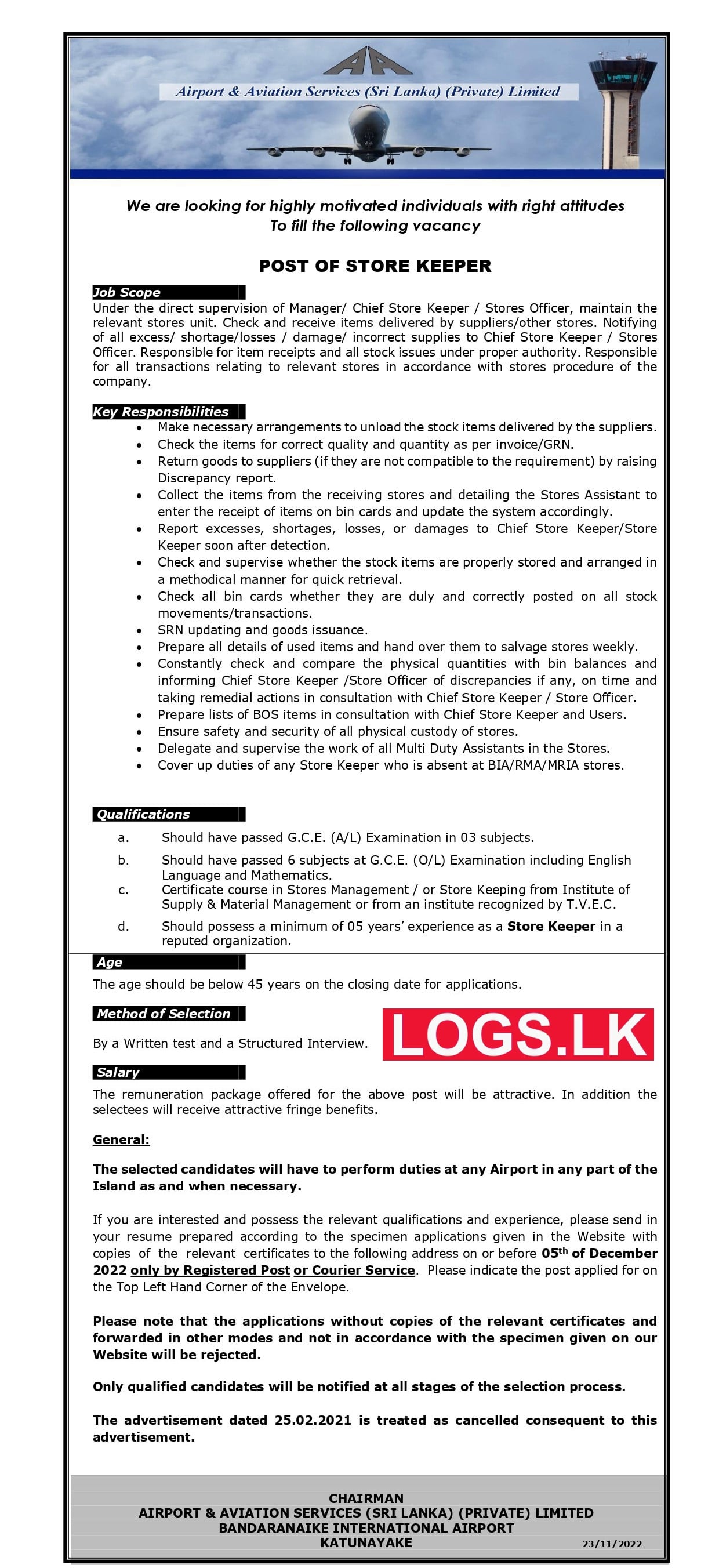 Store Keeper Job Vacancy 2023 in Airport & Aviation Services (Sri Lanka) Ltd Jobs Vacancies