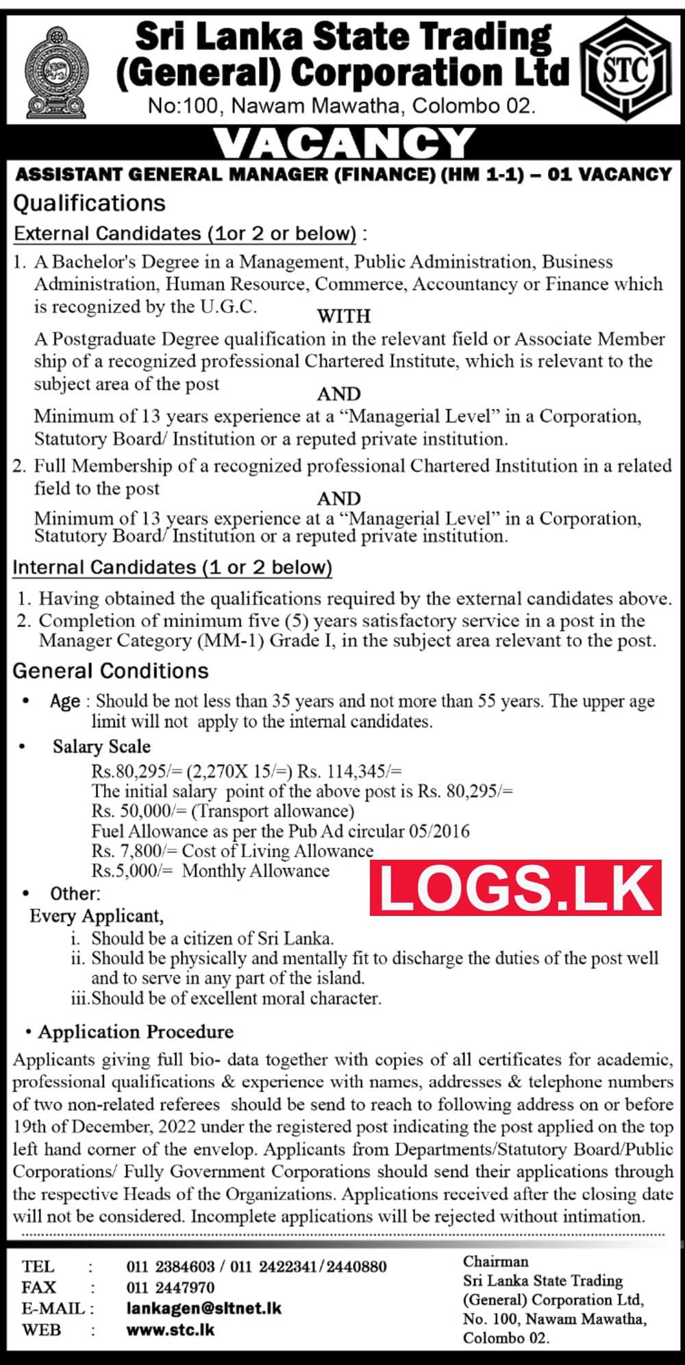 Assistant General Manager Job Vacancy 2023 in STC Sri Lanka State Trading (General) Corporation Jobs Vacancies
