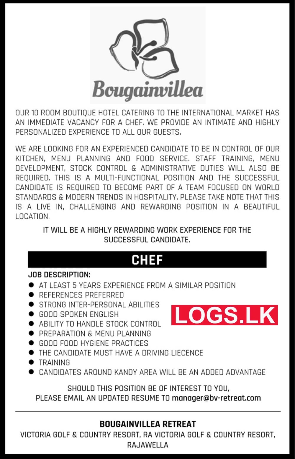 Chef Job Vacancy 2023 in Bougainvillea Retreat Jobs Vacancies 2023