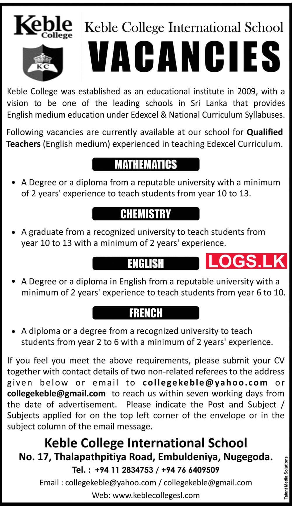English Medium Teachers Jobs Vacancies 2023 in Keble College Job Vacancy 2023