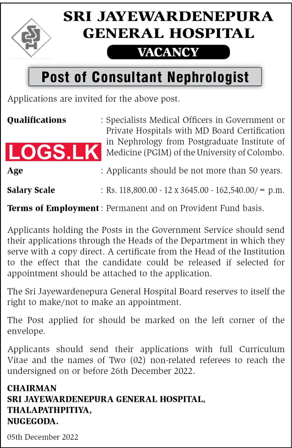 Consultant Nephrologist Job Vacancy 2023 SJGH Sri Jayewardenepura General Hospital Jobs Vacancies