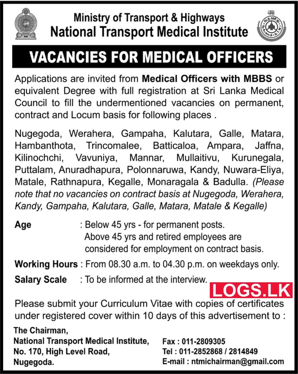 Medical Officers Jobs Vacancies 2023 in National Transport Medical Institute Job Vacancy 2023