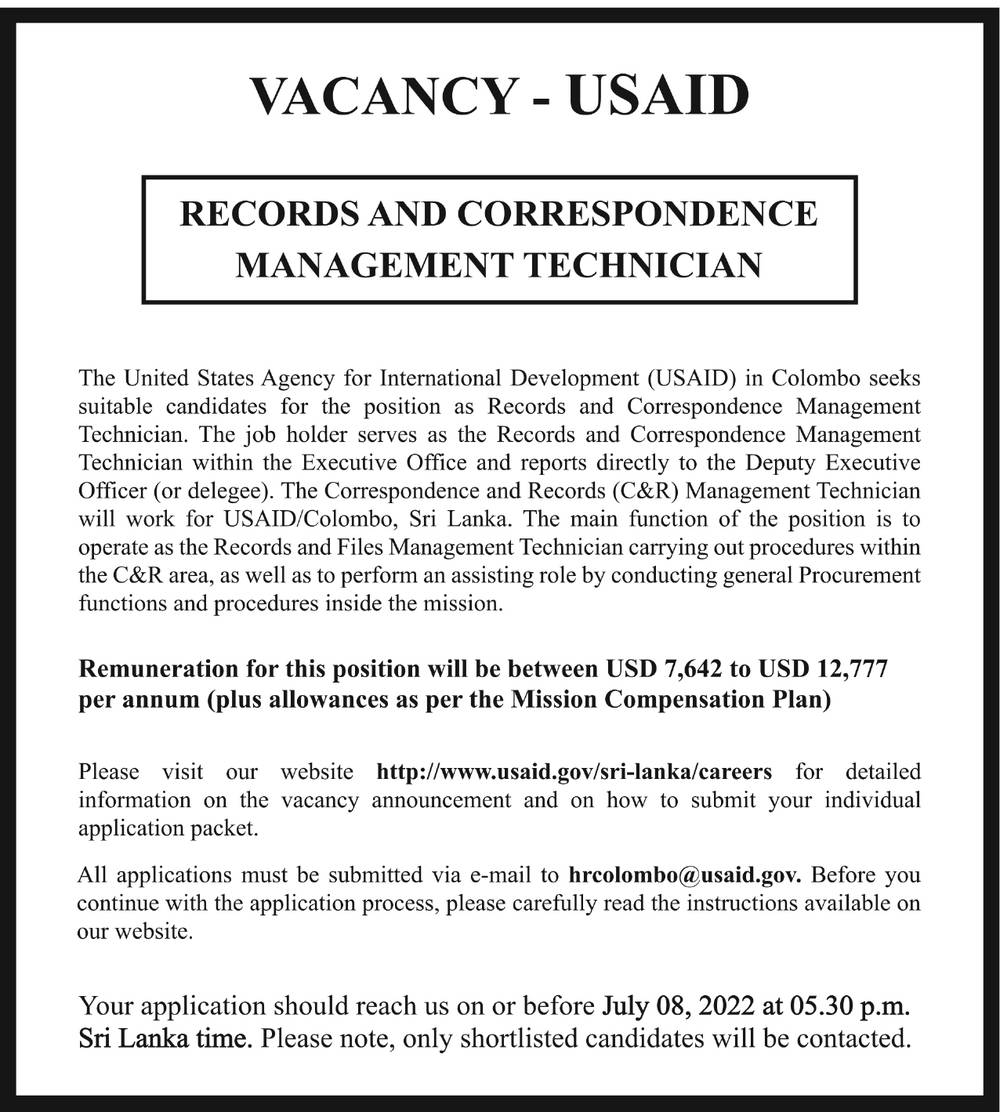 Management Technician Jobs Vacancies - USAID Sri Lanka Jobs Vacancy Details