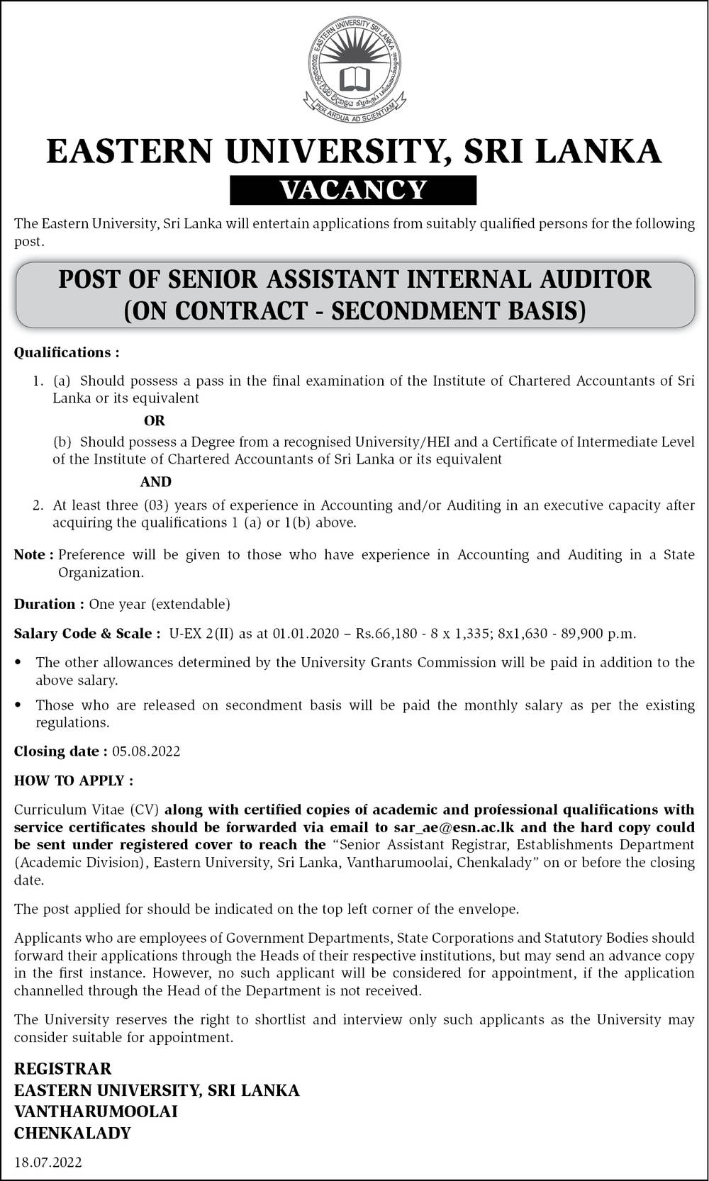 Senior Assistant Internal Audit - Eastern University Jobs Vacancies