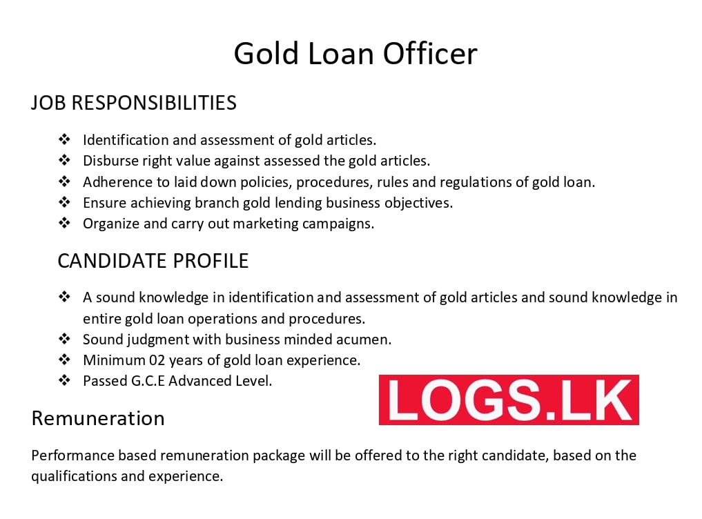 Gold Loan Officer Job Vacancy in Merchant Bank & Finance Jobs Vacancies