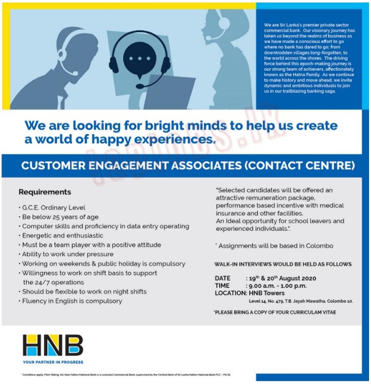Customer Engagement Associates (Contact Center) Vacancies in HNB Bank