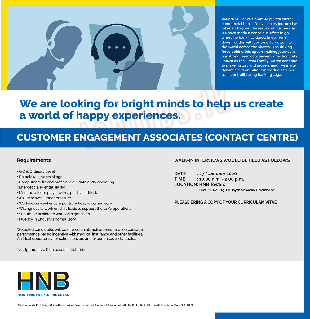 Customer Engagement Associates Vacancies in HNB Bank