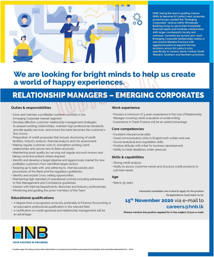 Relationship Managers of Emerging Corporates Vacancy in HNB Bank