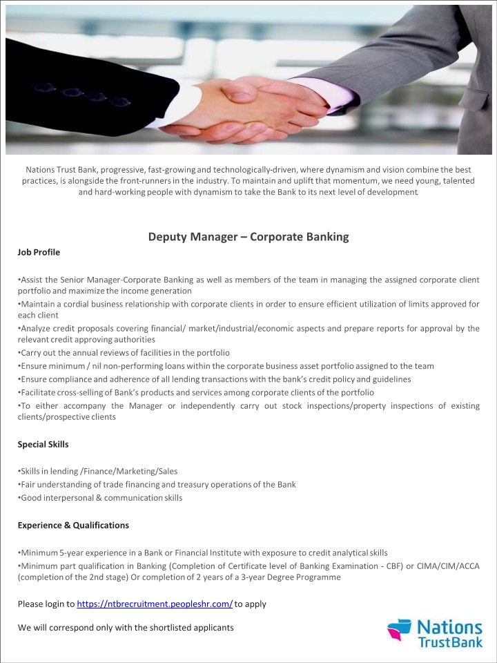 Deputy Manager Vacancy in Nations Trust Bank
