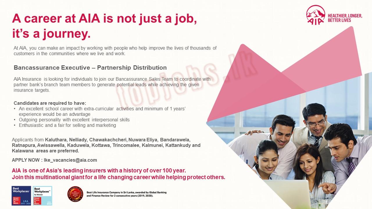Bancassurance Executive Jobs in AIA Insurance Lanka Limited