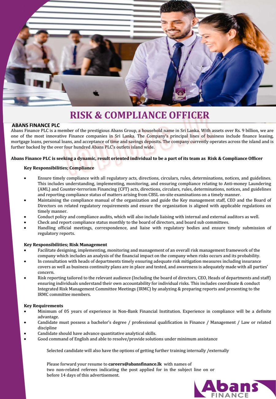 Risk & Compliance Officer Job Vacancy in Abans Finance English Details