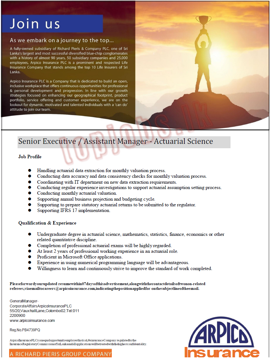 Senior Executive Assistant Manager Jobs in Arpico Insurance PLC English Details & Applications Forms