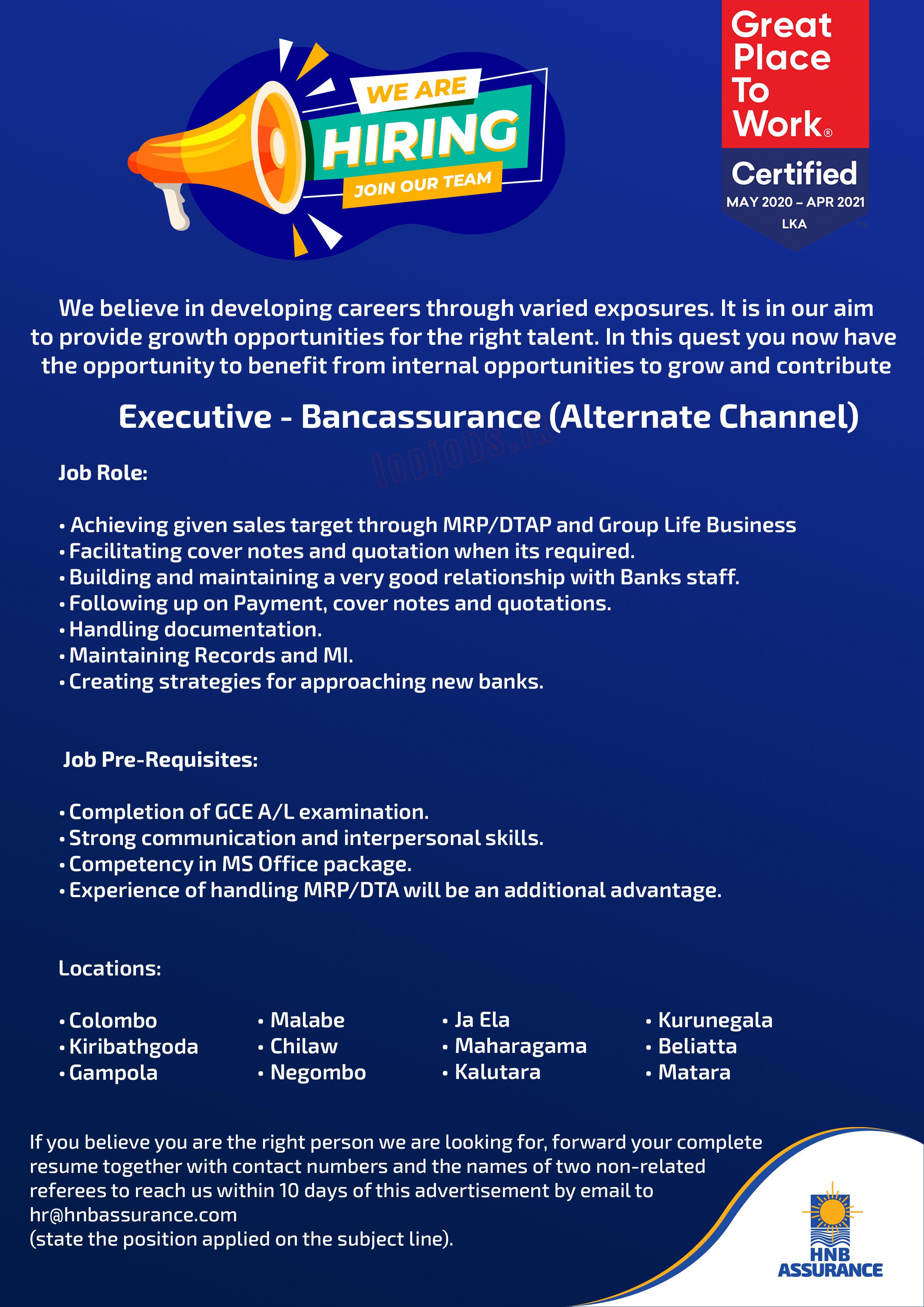 Executive Bancassurance Alternate Channels Jobs in HNB Assurance English