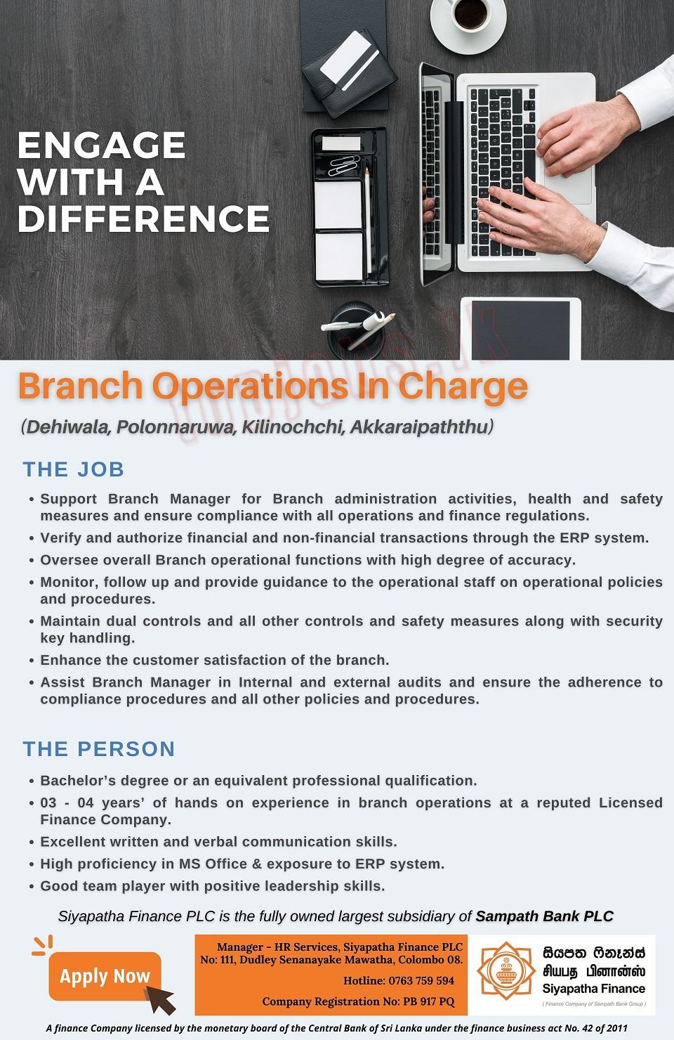 Branch Operations In Charge Job Vacancy in Siyapatha Finance English
