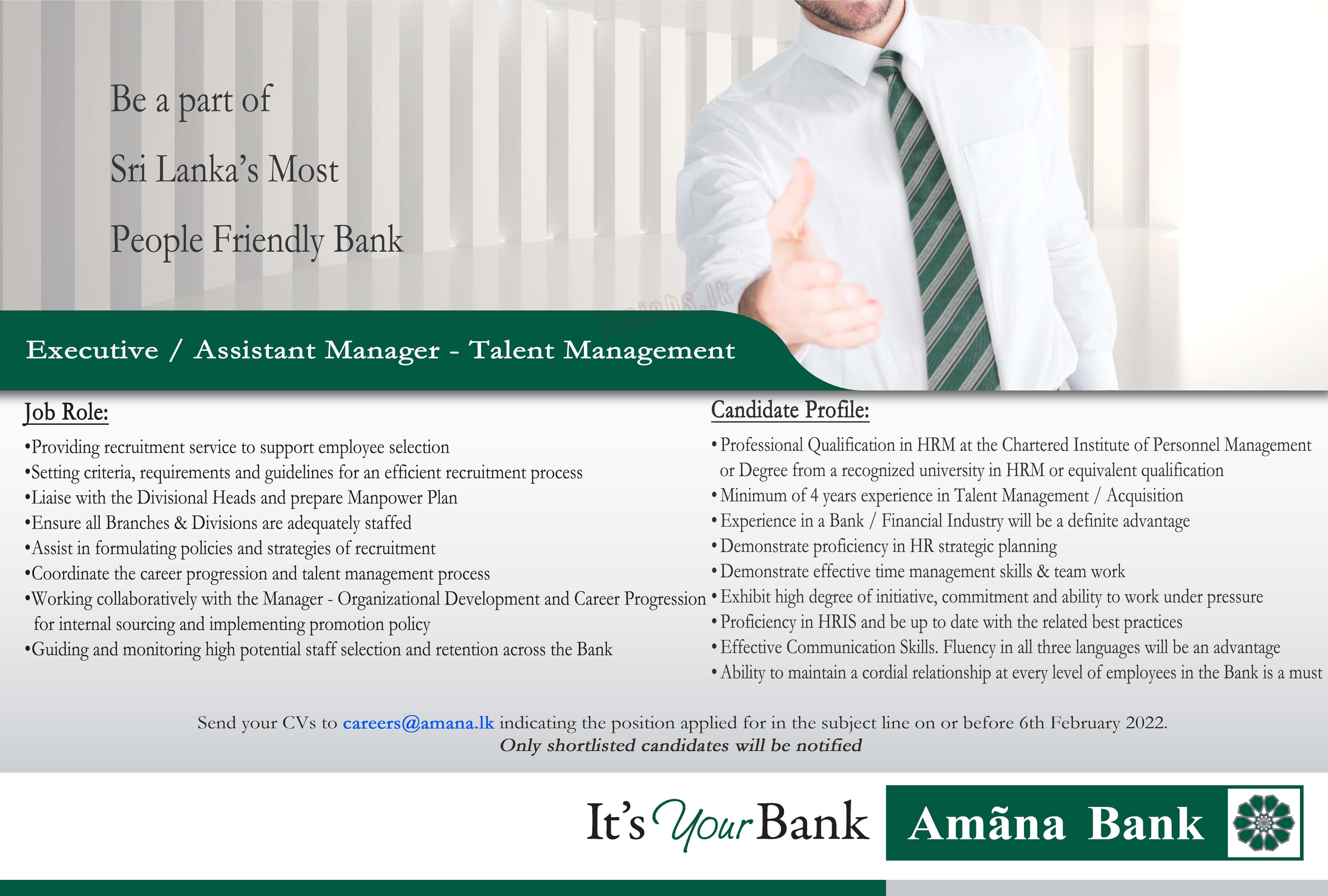 Executive Assistant Manager Jobs Vacancies in Amana Bank English Details