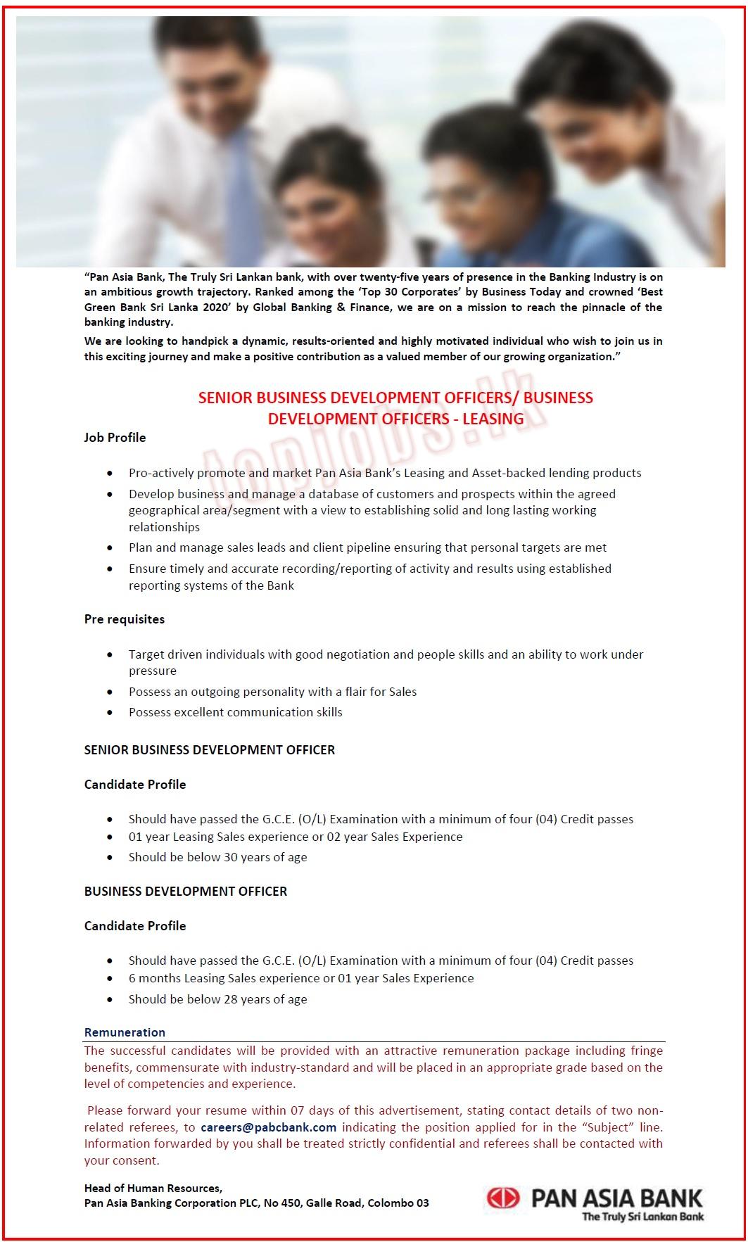Development Officer Jobs Vacancies in Pan Asia Bank English Details