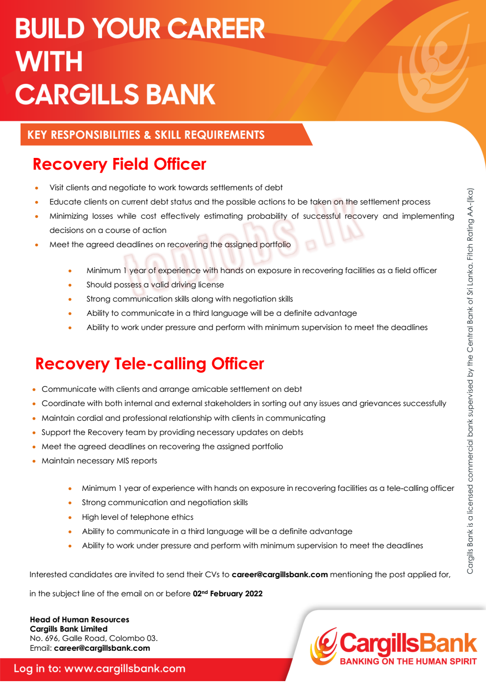 Recovery Field Officer / Recovery Tele-Calling Officer Cargills Bank English Details