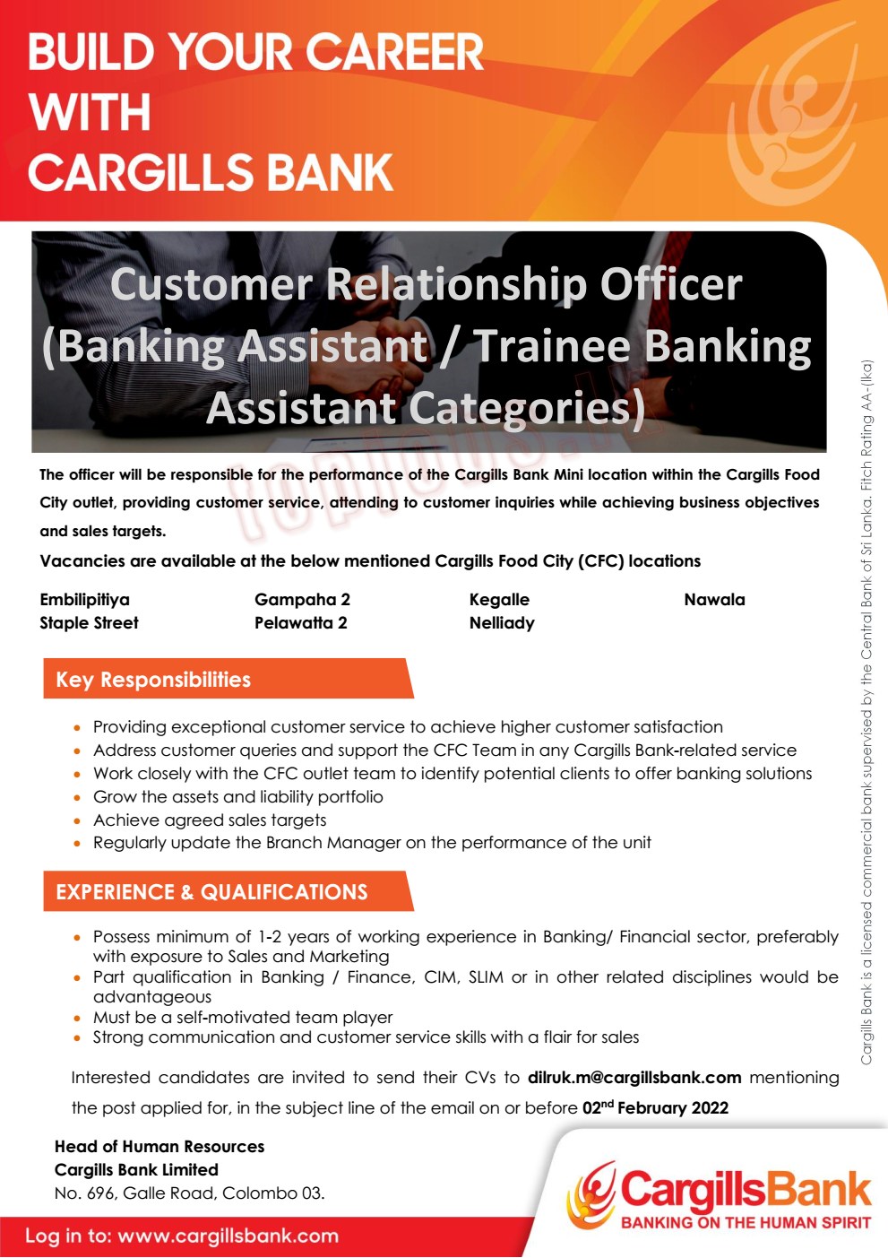 Customer Relationship Officer vacancies in Cargills Bank English Details