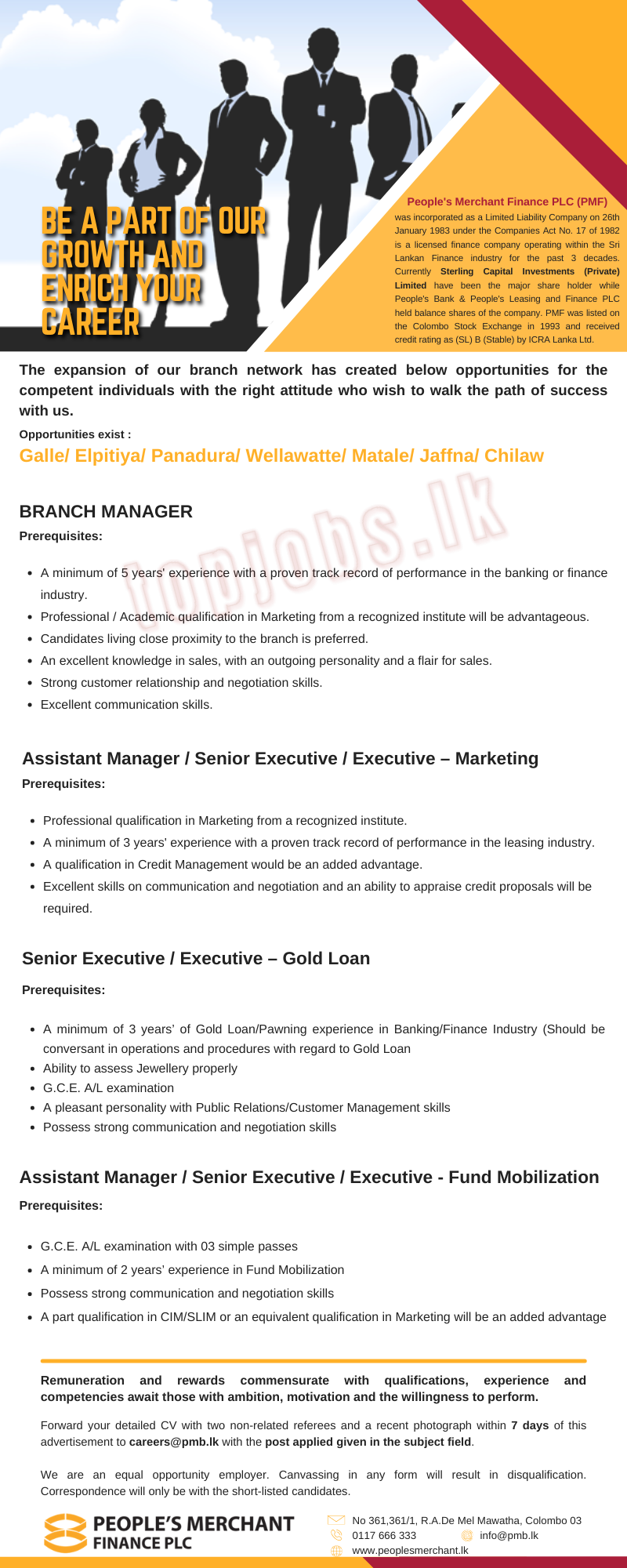 Branch Manager- Marketing/Gold Loan and FD Officers Peoples Merchant Finance PLC