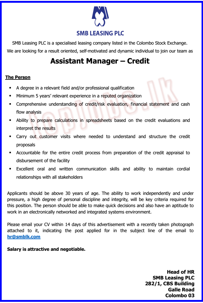 Assistant Manager Credit Job Vacancy in SMB Leasing PLC English Details