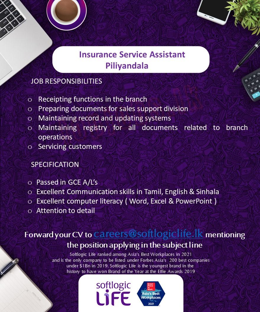 Insurance Service Assistant Job Vacancy in Softlogic Life Insurance English Details