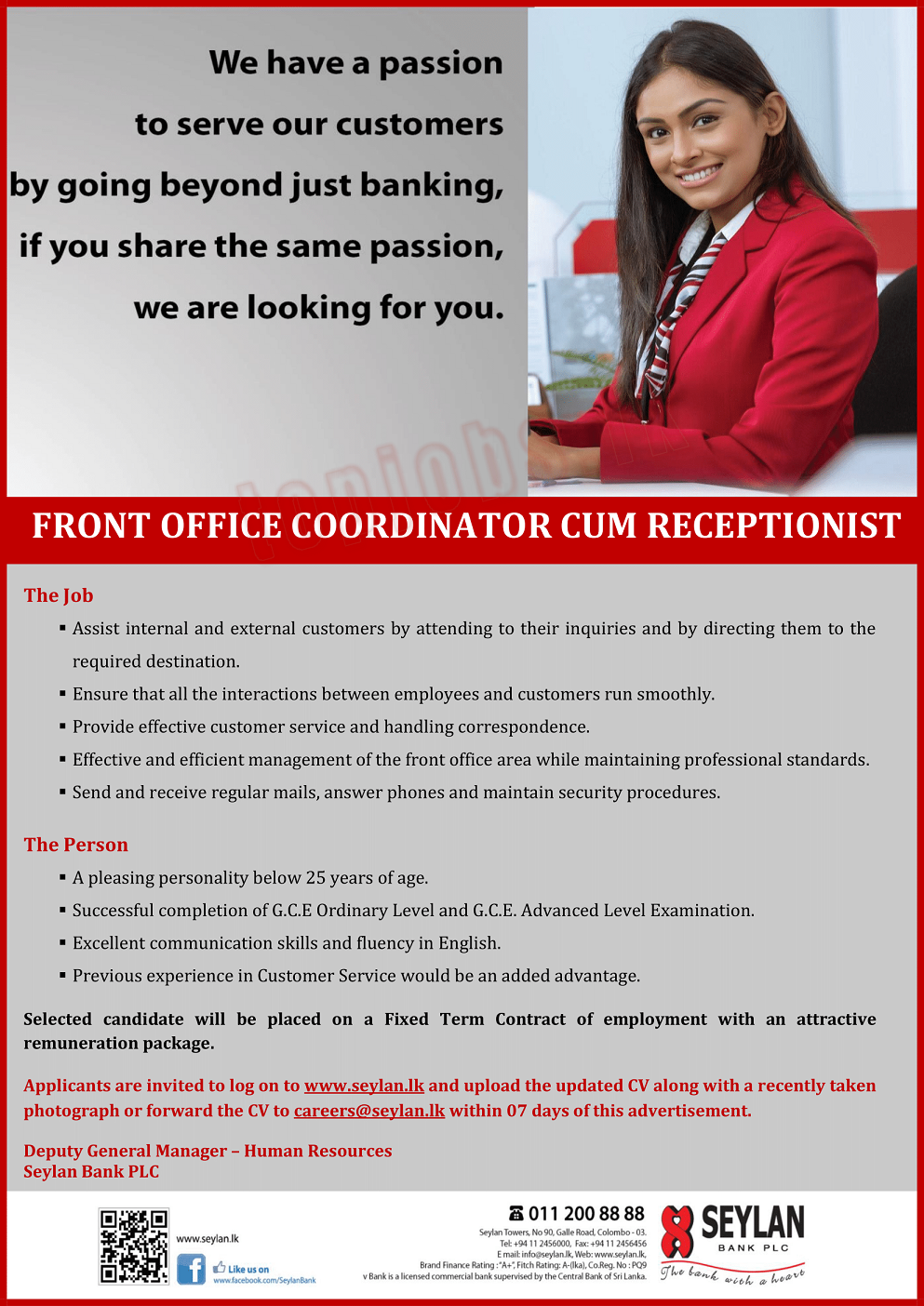 Front Office Coordinator Receptionist Jobs in Seylan Bank English Details