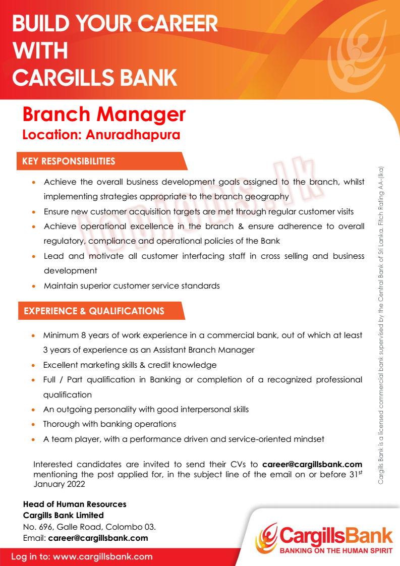 Branch Manager Job Vacancy in Cargills Bank Anuradhapura Branch