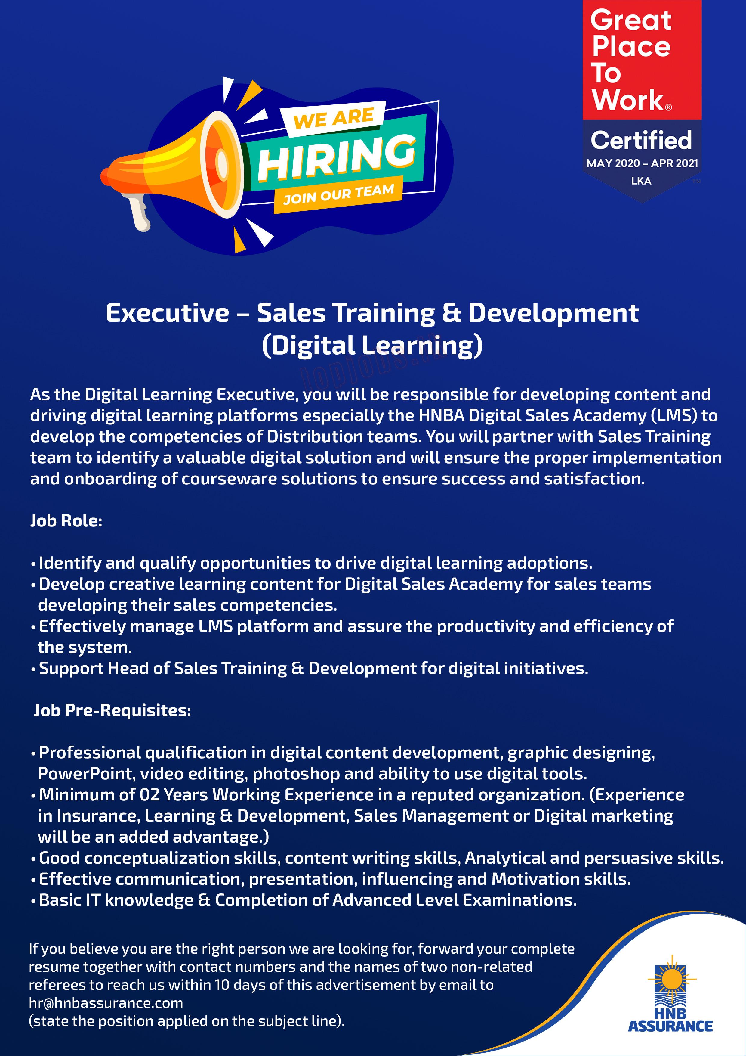 Executive of Sales Training & Development Vacancy in HNB Assurance