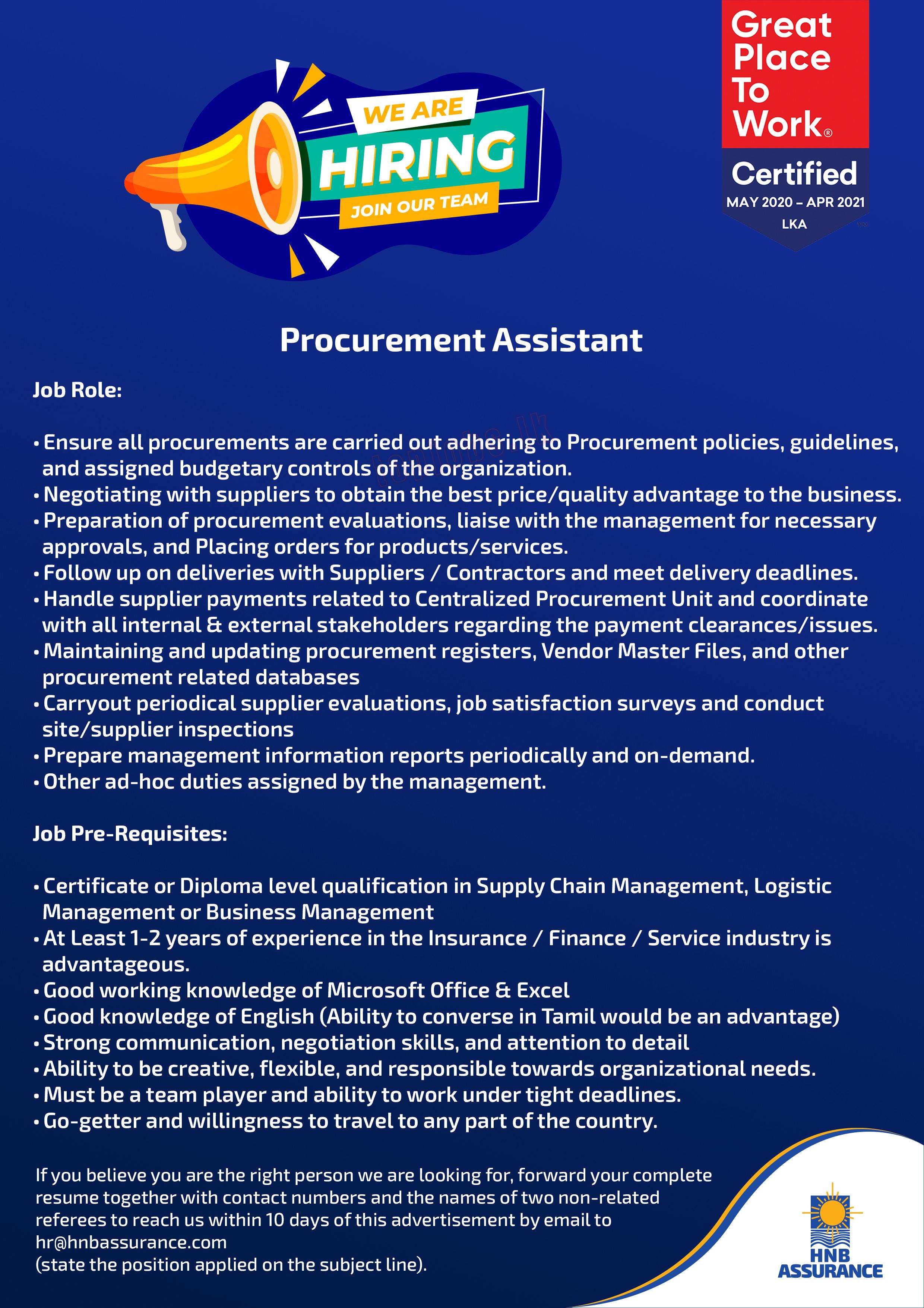 Procurement Assistant Job Vacancy in HNB Assurance PLC