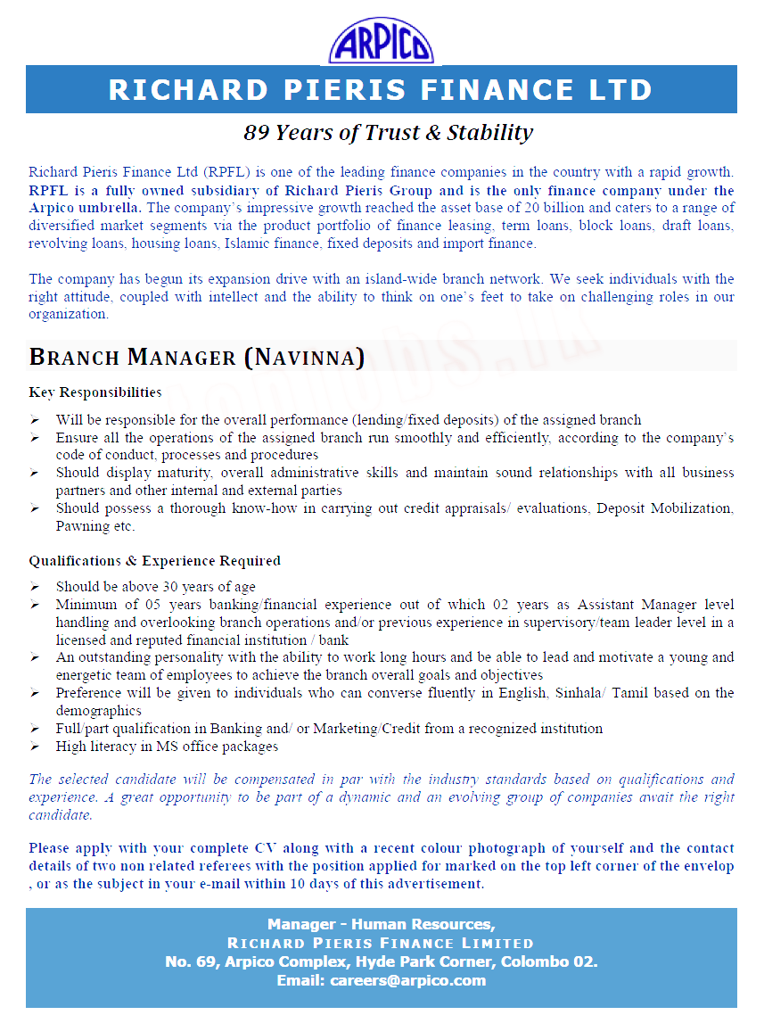 Branch Manager Vacancy in Richard Pieris & Company PLC