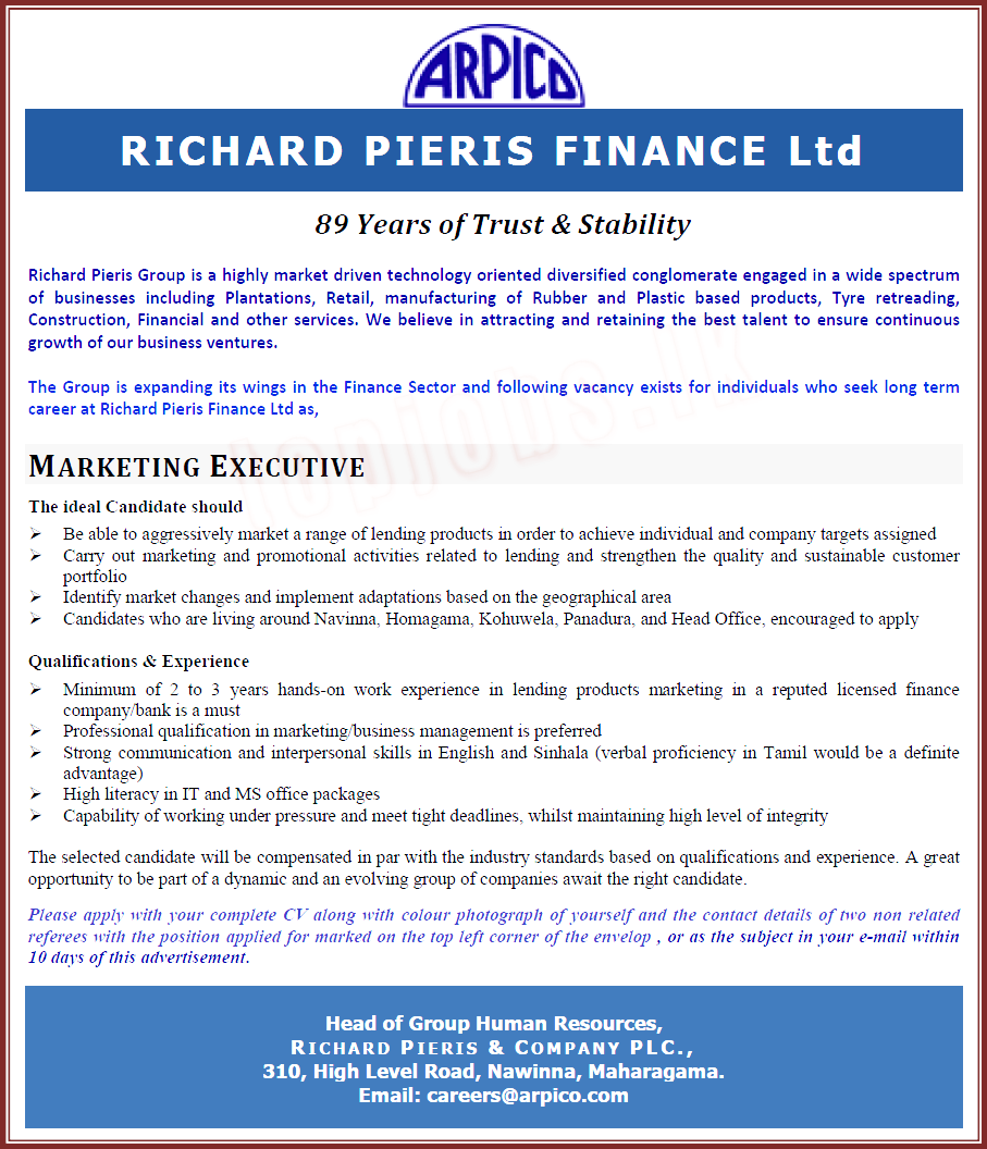 Marketing Executive Vacancy in Richard Pieris & Company