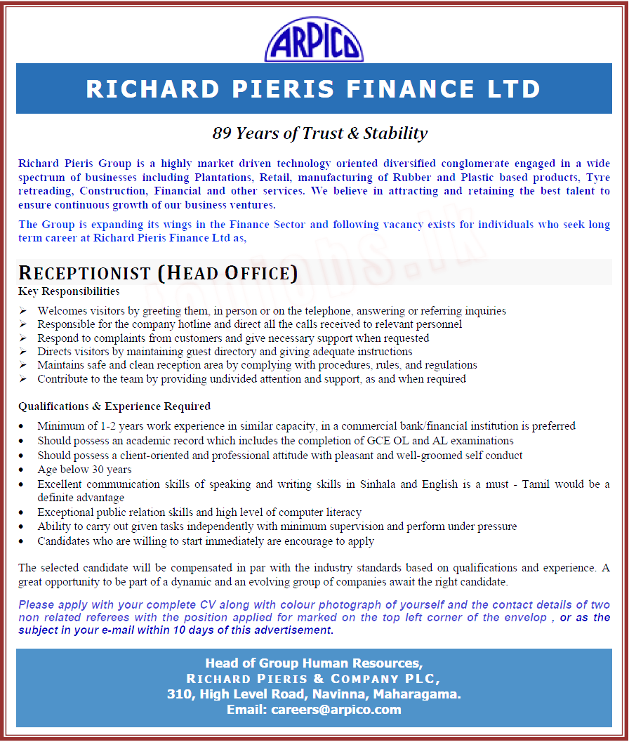 Receptionist (Headoffice) Vacancy in Richard Pieris & Company PLC