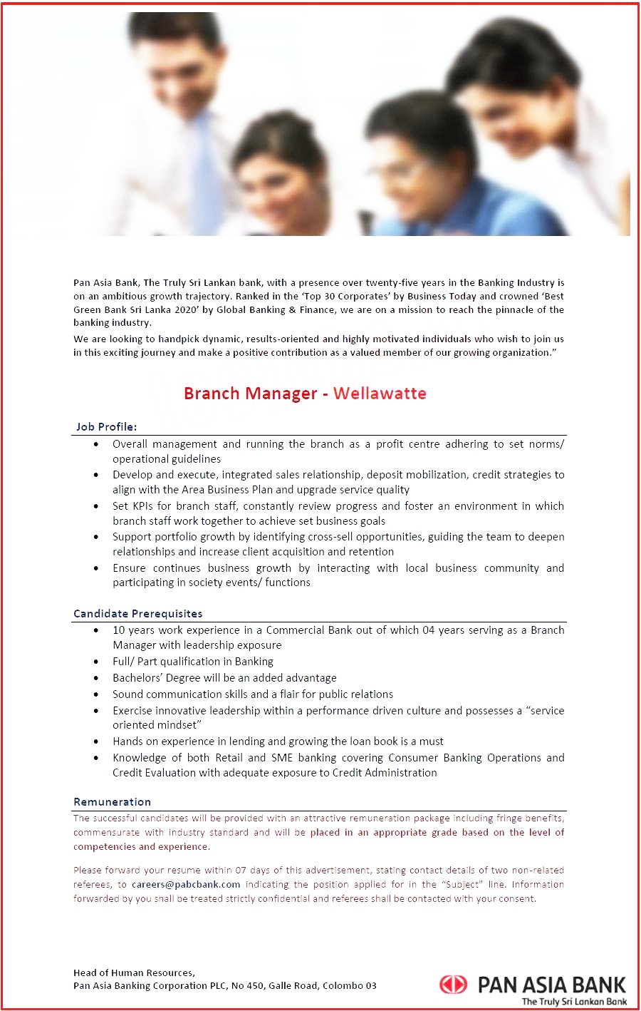 Pan Asia Bank Wellawatta Branch Manager Vacancy