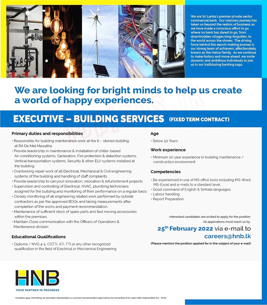Executive of Building Services Vacancy in Hatton National Bank