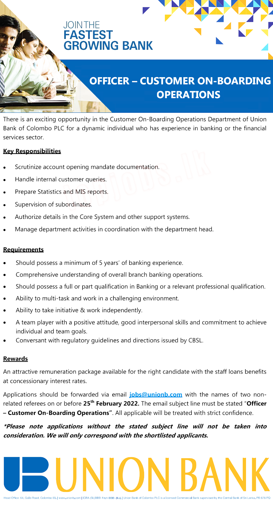 Union Bank Officer of Customer on Boarding Operations Jobs Vacancies