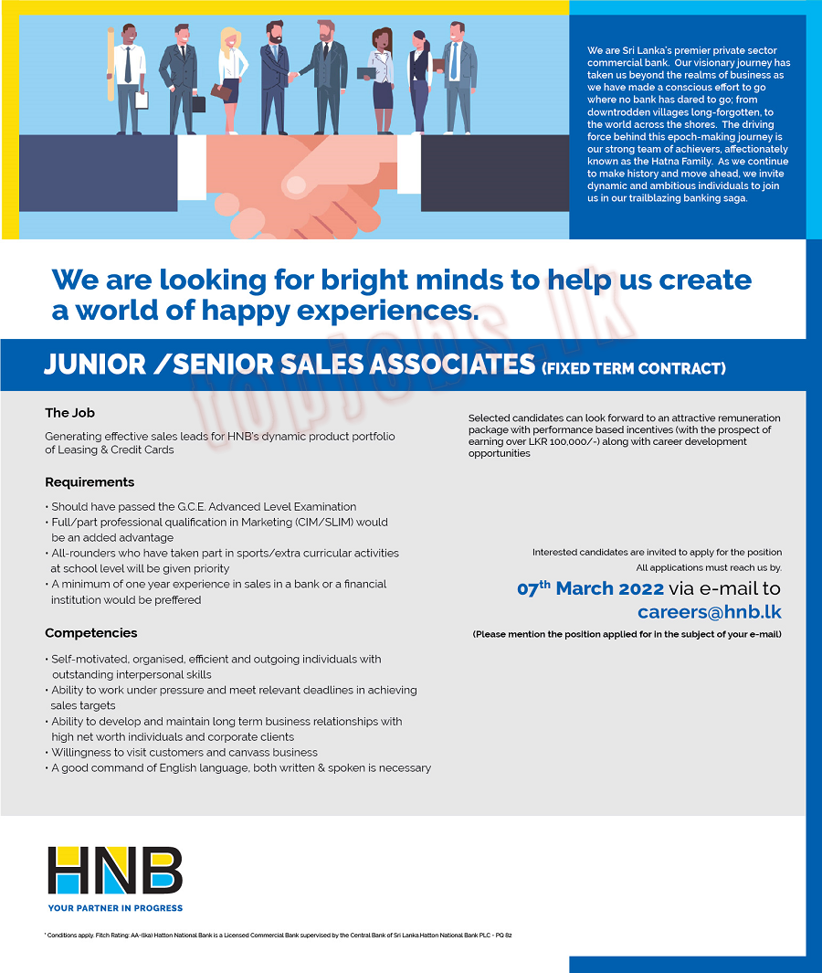 Junior / Senior Sales Associate Vacancies in HNB Bank