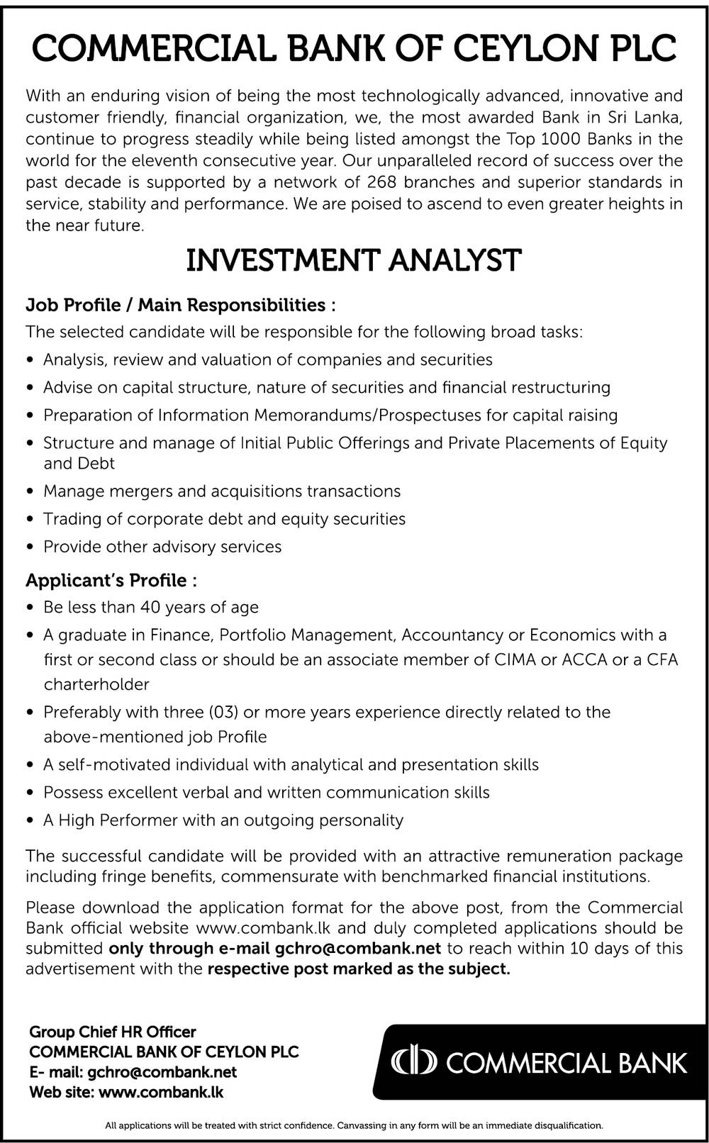 Investment Analyst Vacancy in Commercial Bank