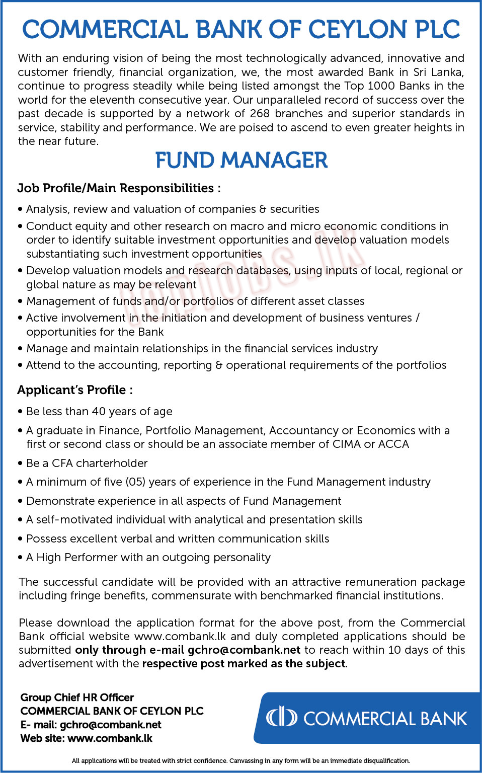 Fund Manager Vacancy in Commercial Bank of Ceylon PLC