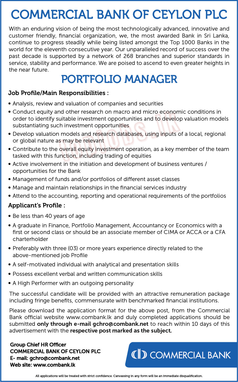 Portfolio Manager Vacancy in Commercial Bank of Ceylon PLC