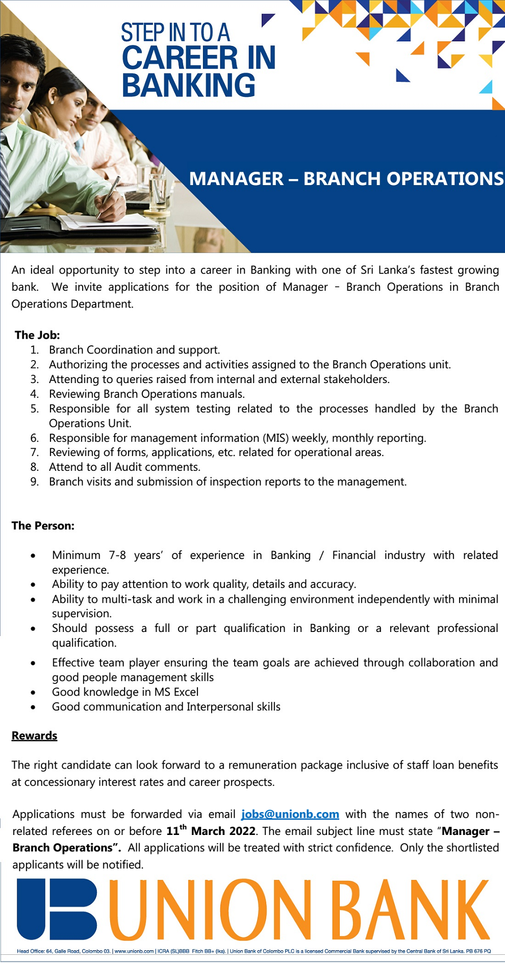 Manager of Branch Operation Vacancy in Union Bank Of Colombo PLC