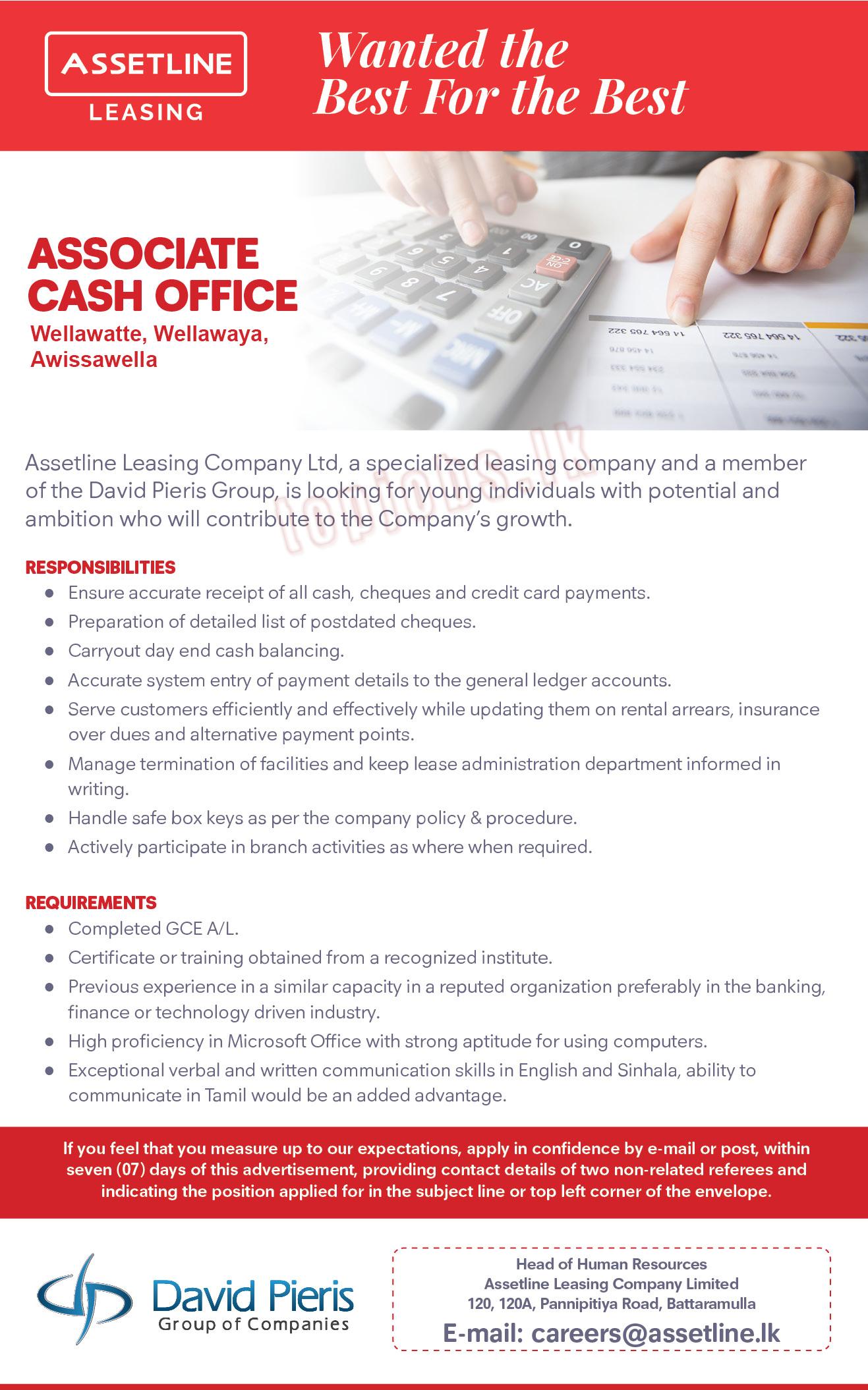 Cash Office Associate Vacancies in DPMC Assetline Holdings