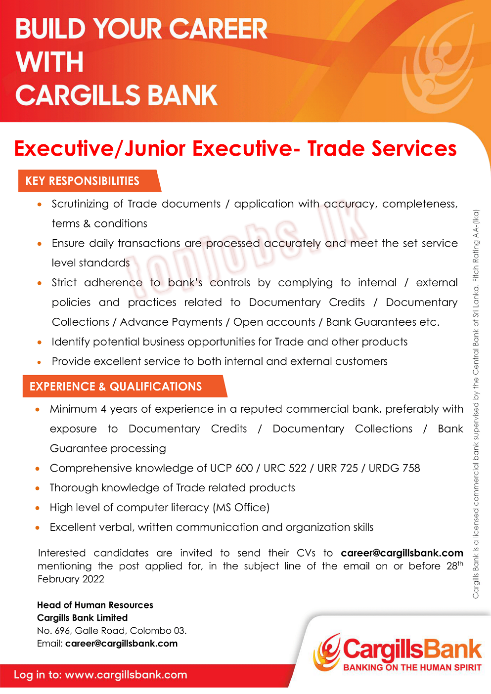 Executive / Junior Executive of Trade Services Vacancies in Cargills Bank