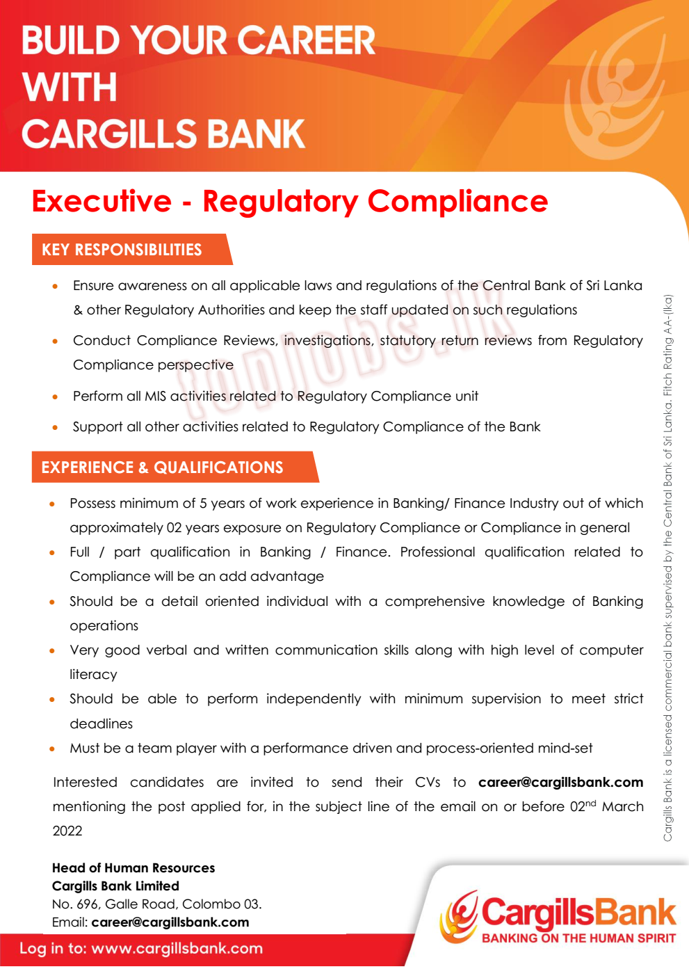 Executive of Regulatory Compliance Vacancies in Cargills Bank