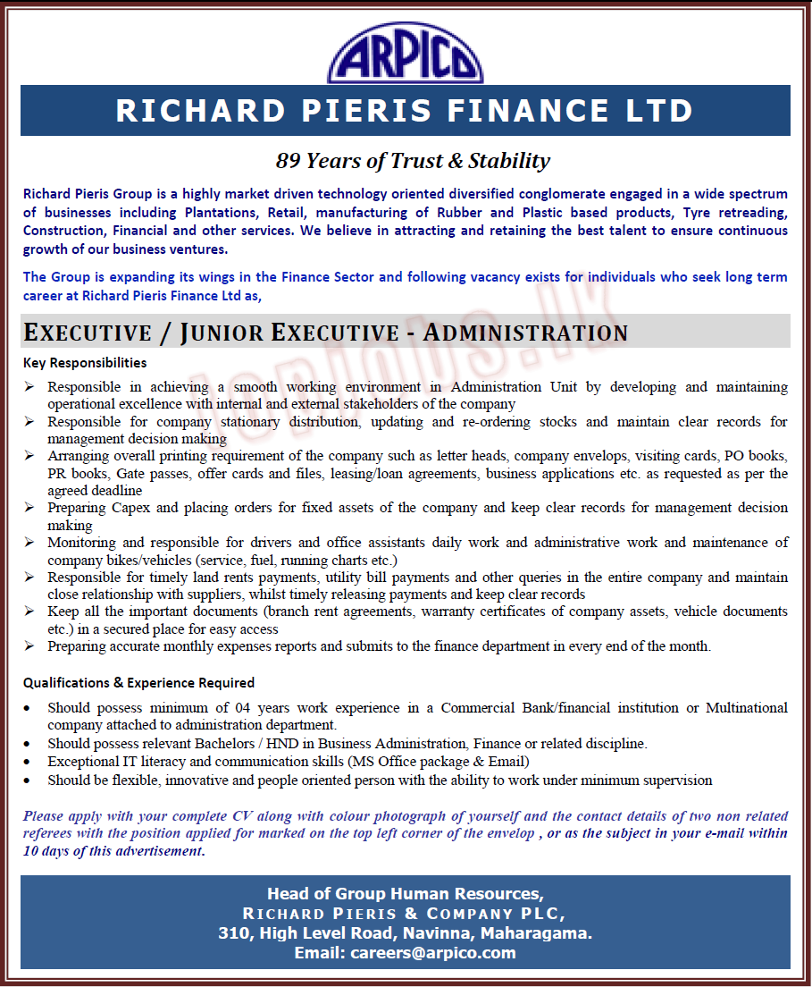 Executive / Junior Executive Vacancies Richard Pieris & Company