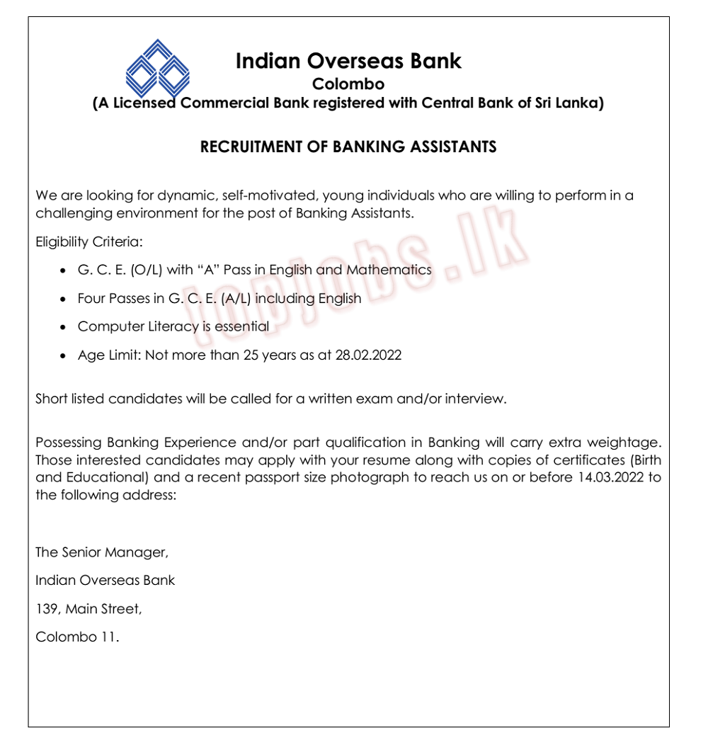 Banking Assistants Vacancies in Indian Overseas Bank Colombo