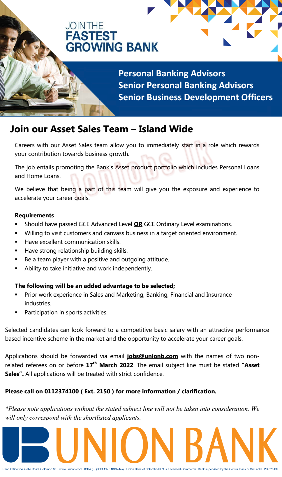 Assets Sales Team Vacancies in Island Wide Union Bank of Colombo