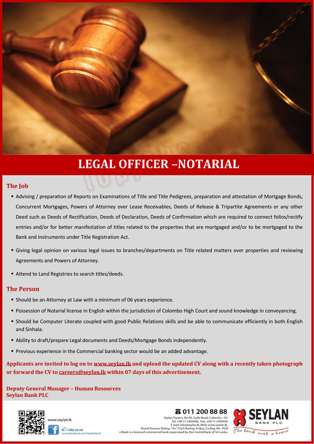 Legal Officer of Notarial Vacancies in Seylan Bank PLC