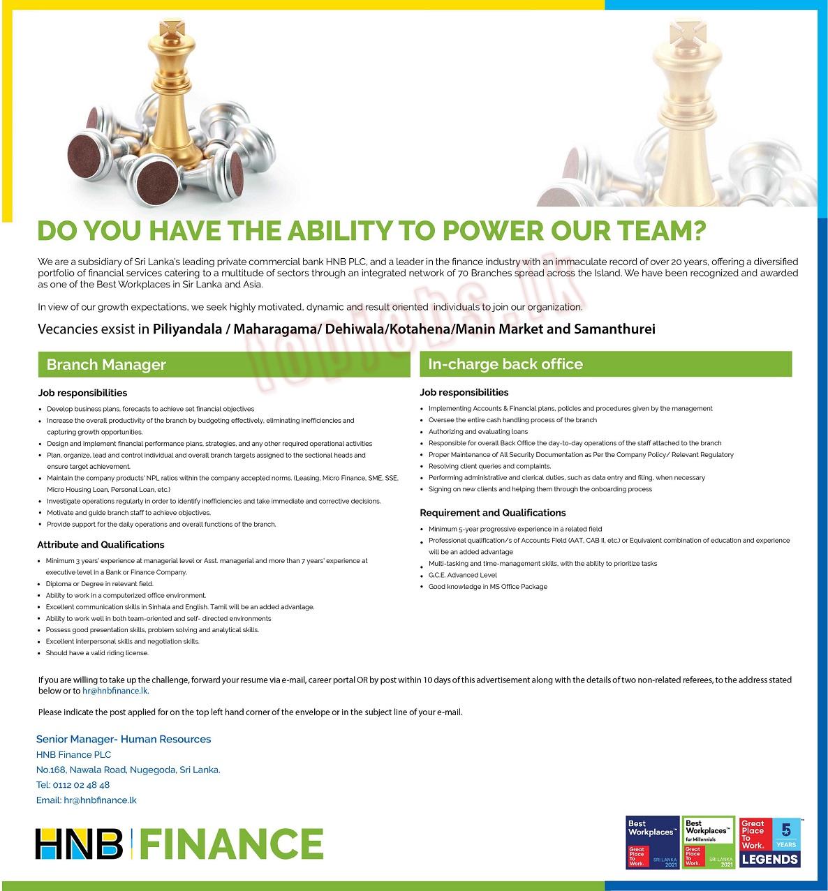 Branch Manager / In-charge of Back Office Vacancies in HNB Finance PLC