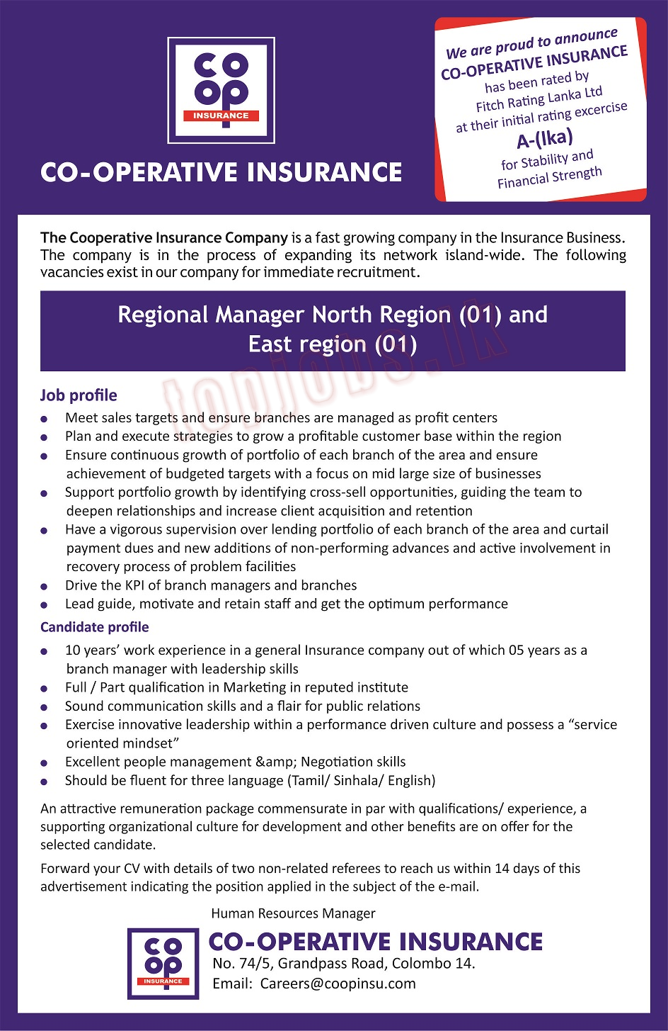 Regional Managers Northern / Eastern Province Co-operative Insurance